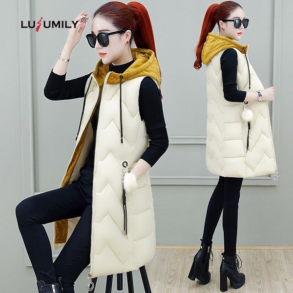 

lusumily winter women long vest sleeveless jacket female waistcoat new arrivals long vests hooded down cotton warm women's vest, Black