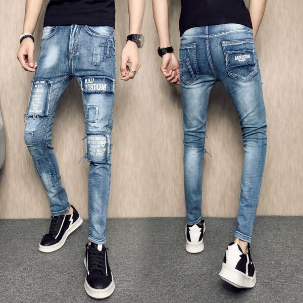 

2020 spring and summer young men's slim jeans feet pants youth korean version of the skinny thin patch pencil pants, Blue