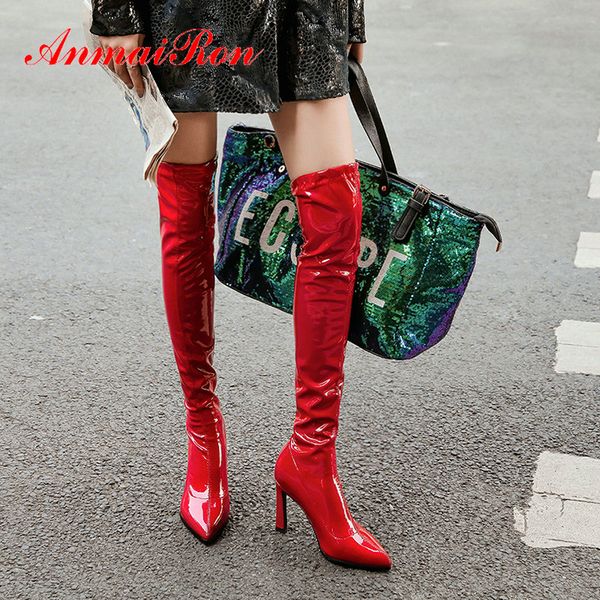 

boots anmairon 2021 fashion women slip-on pu thigh high stretch fabric over the knee thin heels shoes 34-43, Black