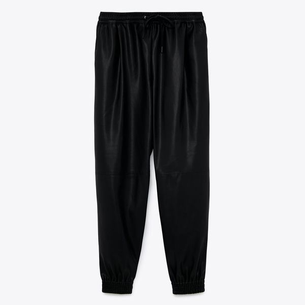 

agong black pu leather pants women fashion casual elastic waist sport trousers women elegant ankle banded pants female ladies ia, Black;white