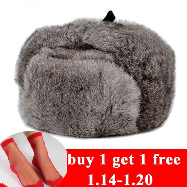 

RY996 Rabbit Fur Cap Man Winter Genuine 100% Fur Bomber Hat With Warm Earmuffs Male Flat Grey/Black Russian Hat Fitted Casquette D19011503