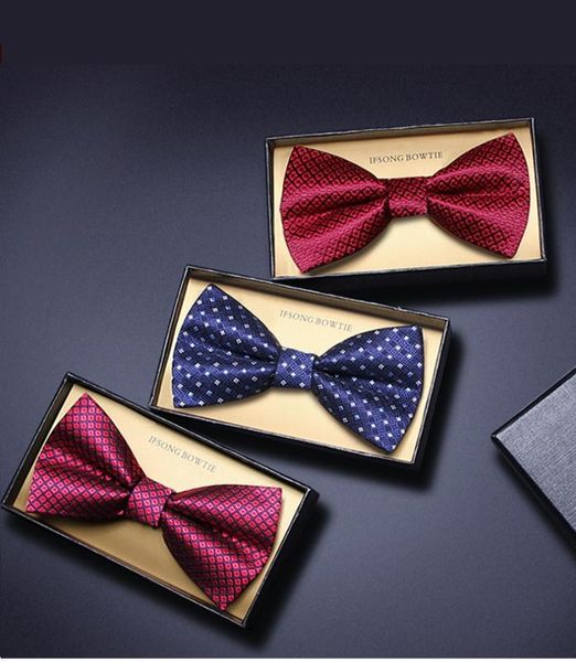 

2020 new fashion men's bow ties for wedding double fabric navy blue red plaid bowtie club banquet butterfly tie with gift box, Black;gray