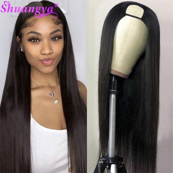 

lace wigs shuangya u part wig straight hair 100% remy glueless human brazilian for black women pre plucked, Black;brown