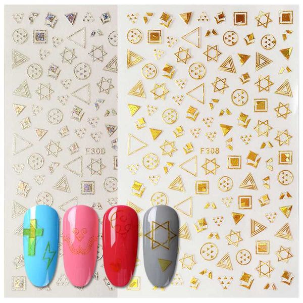

1pcs gold silver laser 3d adhesive nails art sticker tips decals diy shiny cute shape mixed designs manicure saf305-312, Black