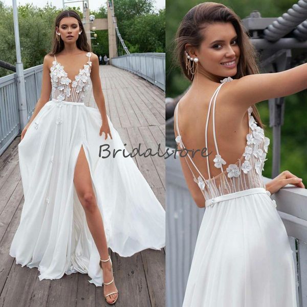 

beach wedding dresses with flowers white spaghetti straps v neck floor length chiffon high slits boho country wedding dress 2020 cheap