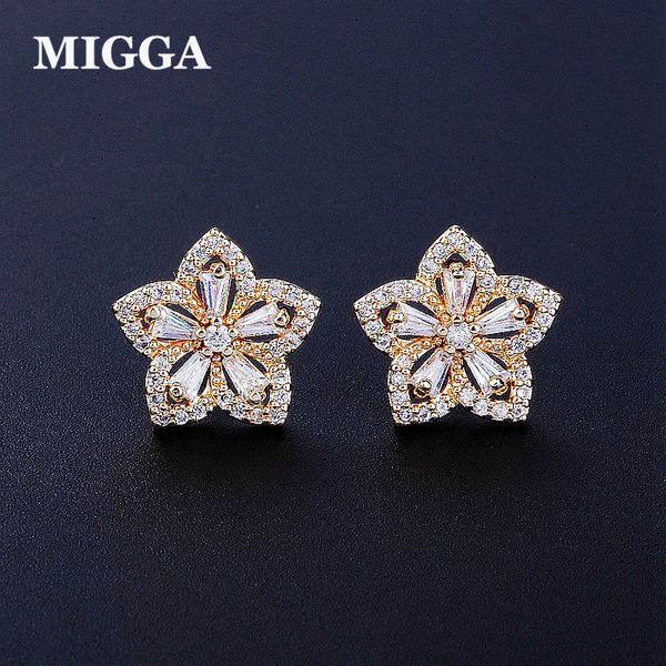 

migga gold/silver color cubic zirconia stud earrings for women party gift fashion large flower studs jewelry, Golden;silver