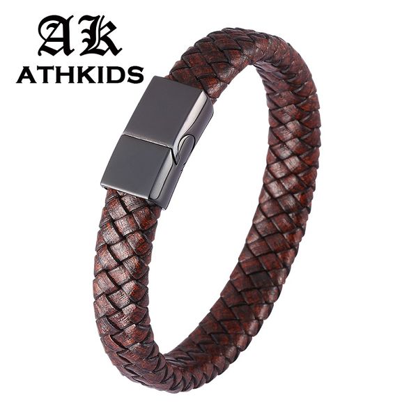 

vintage brown leather braided bracelet men jewelry 3 colors fashion stainless steel magnetic buckle male wrist band bangles 0450, Golden;silver