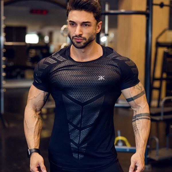 

2020 gym sport running men t shirt fitness slim high elasticity breathable quick dry bodybuilding tight mens tshirt men tee, Black;blue