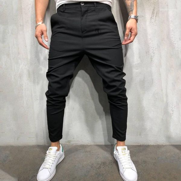 

full length mid waist mens designer clothing button fly skinny slim mens pants designer casual pants teenager, Black