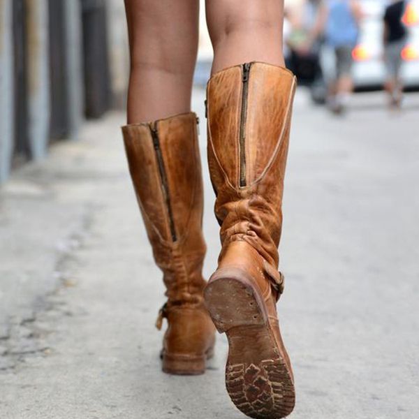 

botas mujer women boots knee high pu leather vintage flats shoes ladies cross tied riding long boots plus size booties chaussure, Black