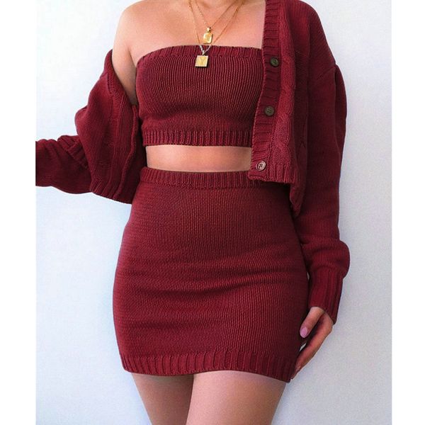 

women's tracksuits autumn winter 3pcs set for womens outfits knitted solid tube crop + mini skirt long sleeve cardigan sweater sets, Gray