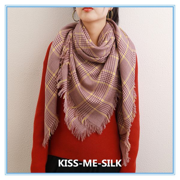 

kms classic fine wool plaid warm dual-use scarf shawl for women 140*140cm/200g, Blue;gray