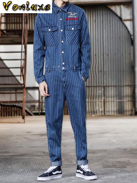 

men's jeans jumpsuits men spring autumn long sleeve one piece overalls mens denim jumpsuit rompers striped casual street male clothes, Blue