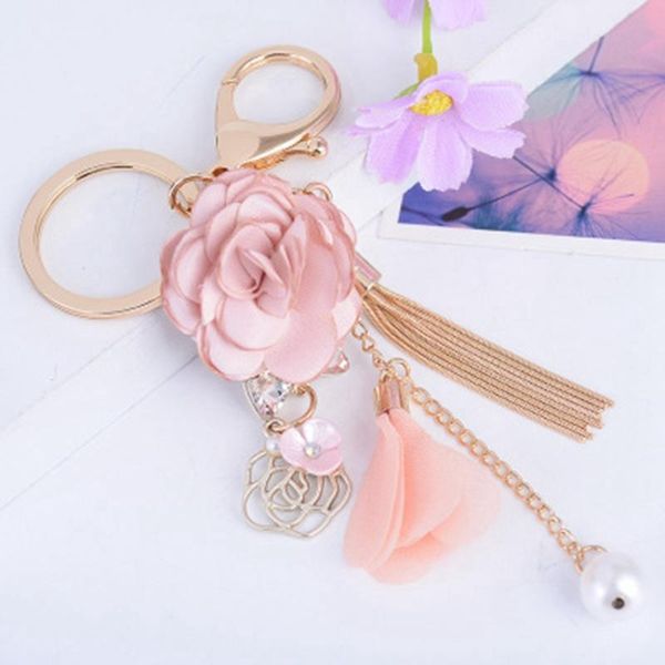 

korean style small fresh fabric small flower tassel car keychain creative bag pendant exquisite ornaments, Silver