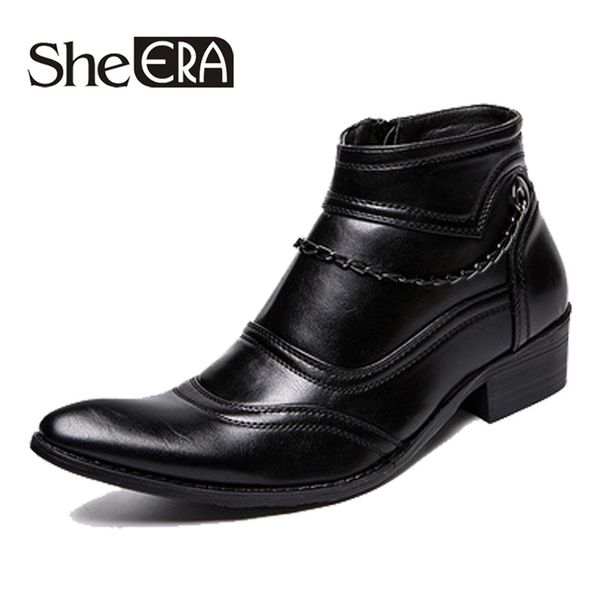

2020 new 39-44 brand men boots handsome comfortable retro leather spring boots pointed toe med heel men shoes, Black