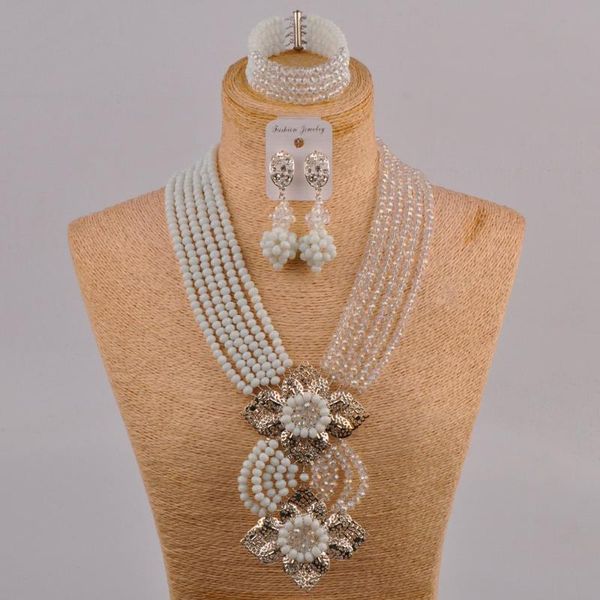 

beautiful white transparent crystal beaded necklaces costume nigerian wedding african beads jewelry set for women 6chl, Silver