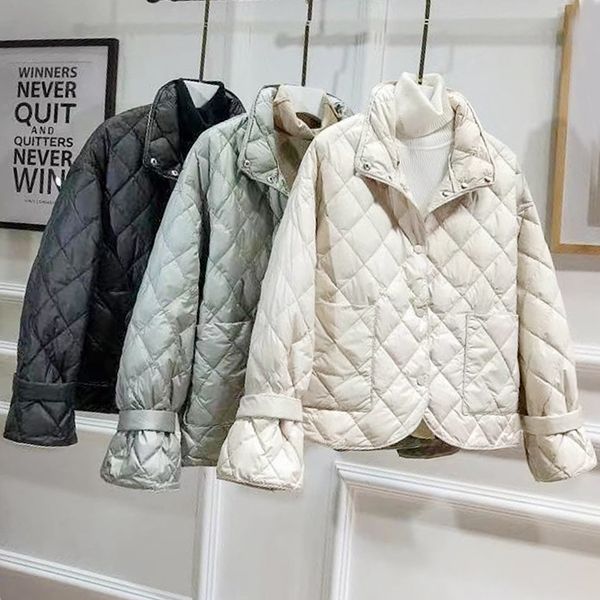 

2020 новые женщины ultra light вниз puffer пальто зима однобортный стенд воротник короткий белая утка вниз куртка и parkas mujer, Black