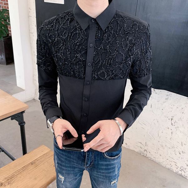 

camisas masculinas club korean men clothes black white retro lace shirt men 2020 autumn long sleeve slim fit social dress shirt, White;black