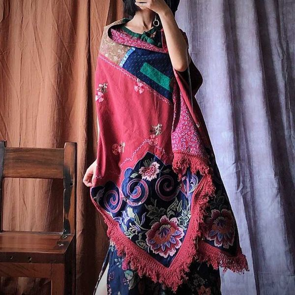 

johnature women tassel embroidery patchwork scarf bandana 2020 fall winter cotton linen warm shawl vintage clothing, Blue;gray