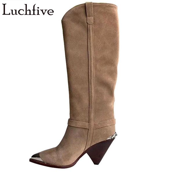 

spike high heels long boots for women suede pointy toe winter boots runaway nude shoes woman slip on knee high, Black