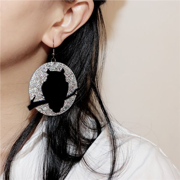 

new halloween moon owl earrings for women glitter acrylic round drop earring trendy jewelry accessories, Silver