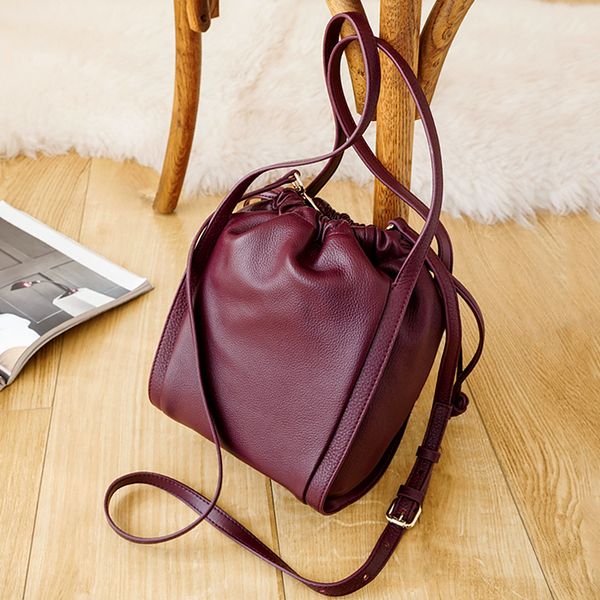 

woonam women fashion handbag hide genuine calf leather drawstring bucket shoulder cross body bag wb1110