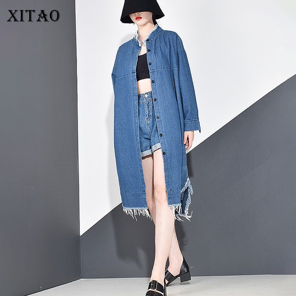 

xitao tide plus size denim tassel trench women clothes 2020 autumn new fashion casual stand collar match all coat ky655, Tan;black