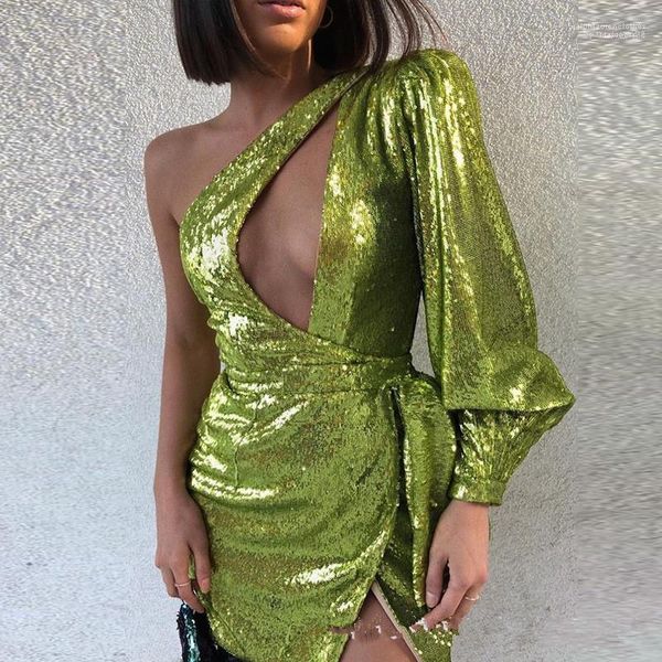 

party dresses green asymmetrical dress sequins women designer dresses fashion one shoulder hollow out night club, Black;gray