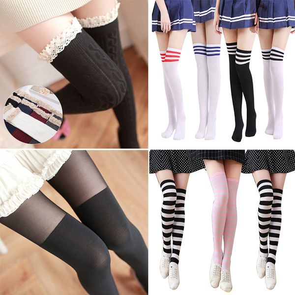 

women striped long stockings warm thigh high tights for ladies girls new fashion striped over knee stockings women, Black;white