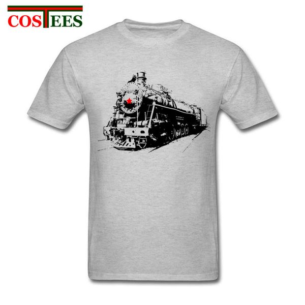 

male soviet steam locomotive t-shirt graphic printing short sleeve tee with train vintage slim trendy retro tshirt for men