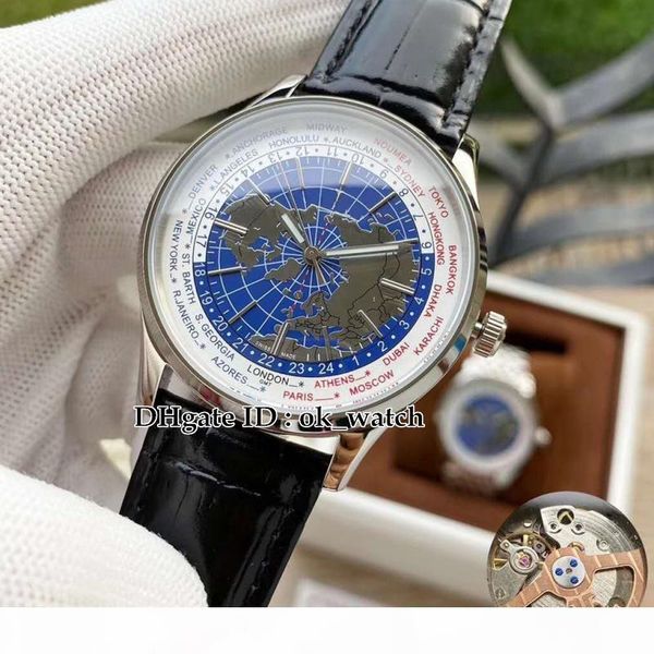 

new 42mm geophysic universal time automatic mens watch q8108420 8108420 blue map dial black leather strap gents steel case sport watches, Slivery;brown