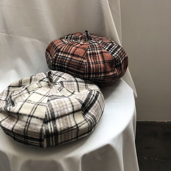 

berets myzyqg fashion women plaid hats retro knitted beret japanese fall winter art caps woolen warm painter hat, Blue;gray