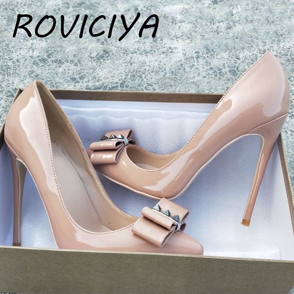 

nude women pumps brand women shoes 12 cm high heels bow pointed toe high heels ladies shoes md003 roviciya, Black