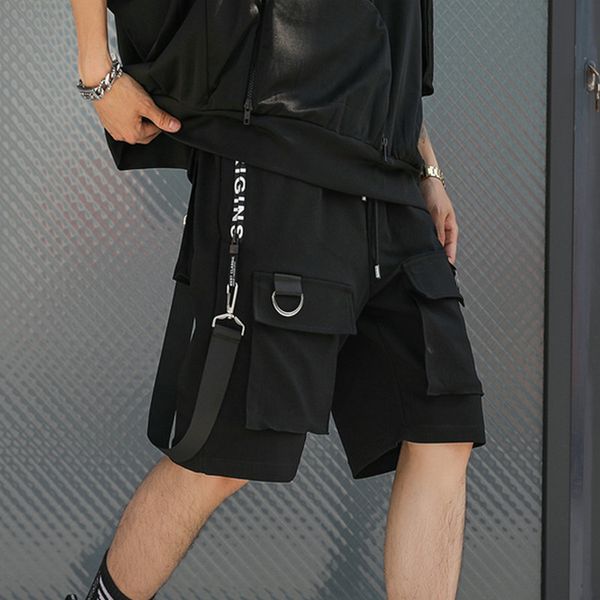 

men's shorts men hip hop summer ribbons streetwear male multi pocket punk casual knee length short pants, White;black