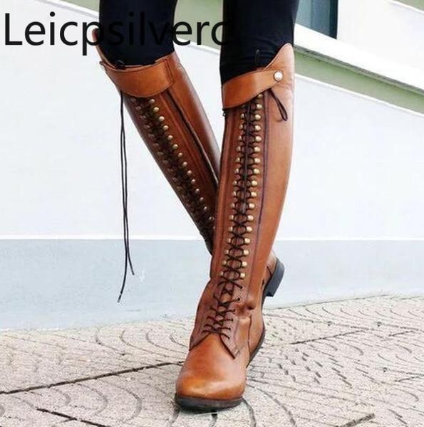 

женские сапоги новая осень и зима моды круглая голова шнуровка толстый каблук на низком каблуке высокая труба обувь для женщин плюс размер 3, Black