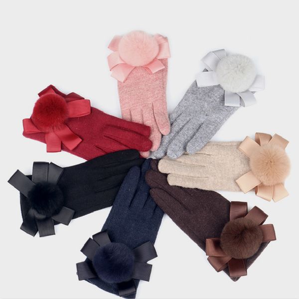 

elegant fleece cashmere fur women gloves touchscreen winter warm bow tie gloves pompom korea style cashmere full finger mittens, Blue;gray