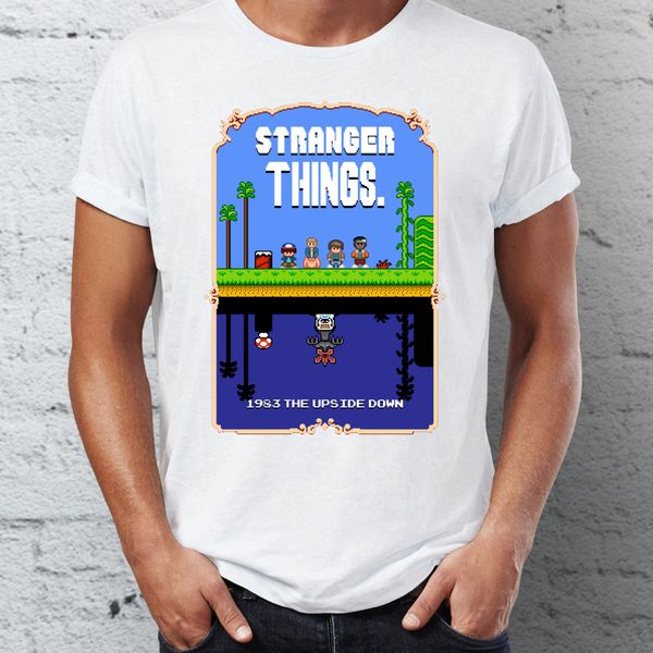

men's t shirt stranger things super mario bros pixel art mashup demogorgon eleven upside down funny parody badass tee
