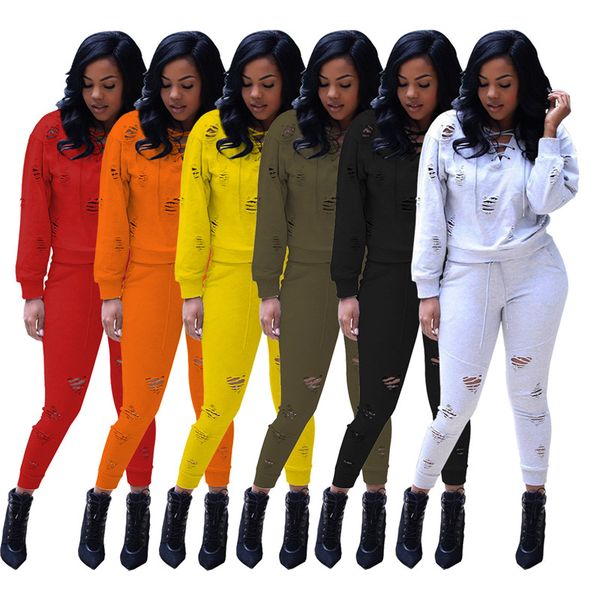 

fashion frayed elasticity sports style hoodies suits slim solid color hollow out trousers suits womens clothing 2 piece set, White
