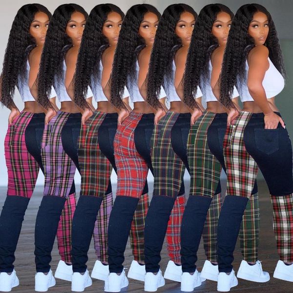 

women's jeans fnoce autumn and winter woven stitching color matching casual fashion skinny full length trousers, Blue