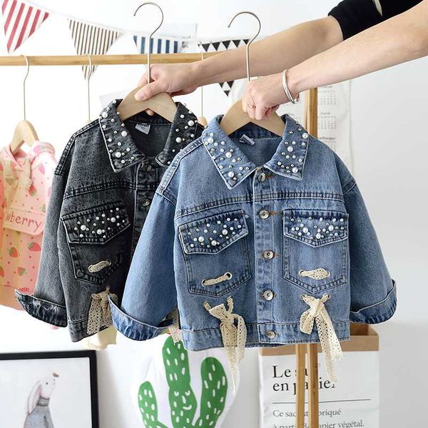 

girls fashion beading denim jacket foreign style 2020 children's lace knot coat spring & fall trendy outerwear clothes x524, Blue;gray