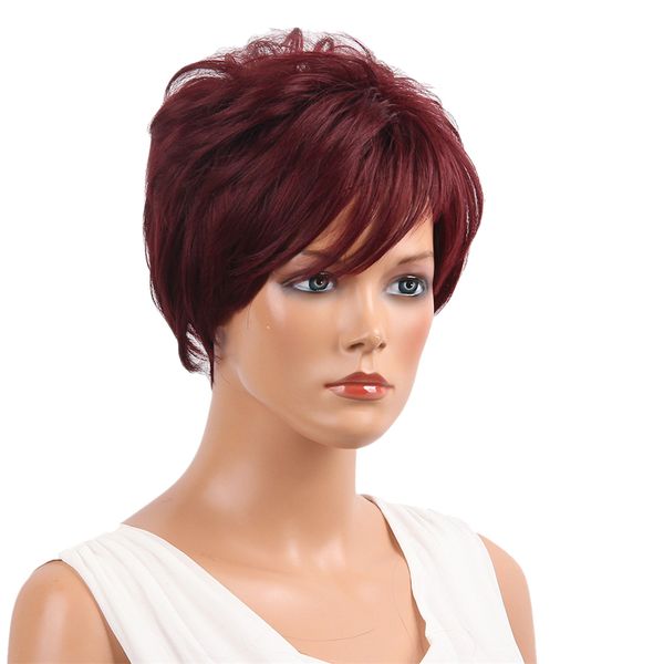 

women short fluffy pixie wig real human hair full wigs wine red cosplay, Black