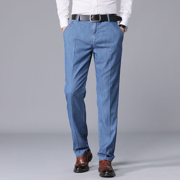 

men's jeans soft stretch slim fit denim basic thin tencel business casual elastic comfort straight pants, Blue
