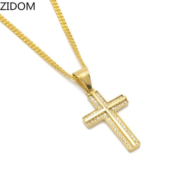 

pendant necklaces 316l stainless steel gold color iced out hip hop cross shape necklace with 24inch long cuban link chain drop, Silver