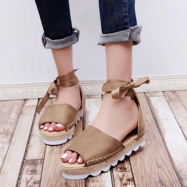 

summer sandals women solid flock peep toe sandals women platform tied thick bottom flatform shoe, Black