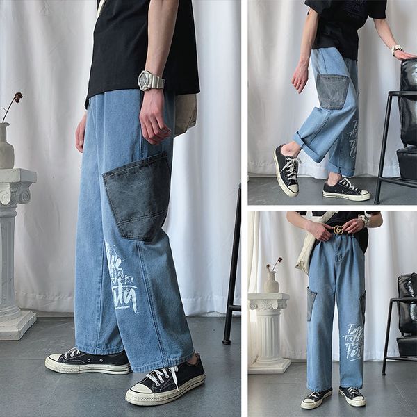 

men's pants 2021 autumn big pocket printed jeans nine-point dad straight leg ankle-length youth fashion casual m-2xl, Black