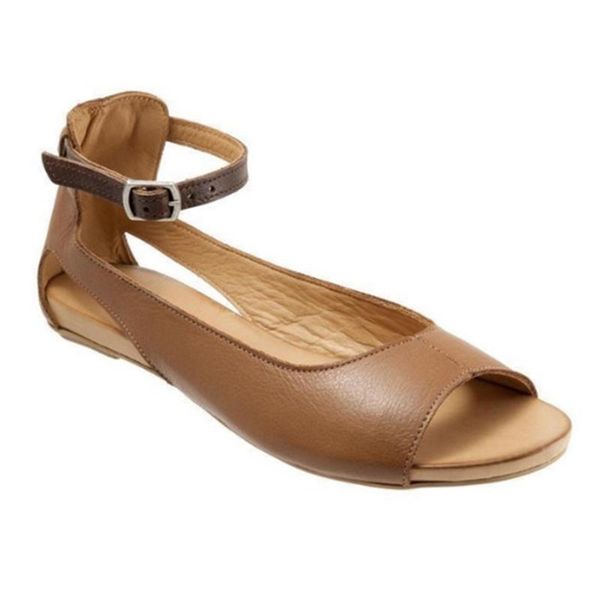 

summer sandals women plus size pu leather flats shoes female casual peep toe slip on ankle strap sandalias girl, Black