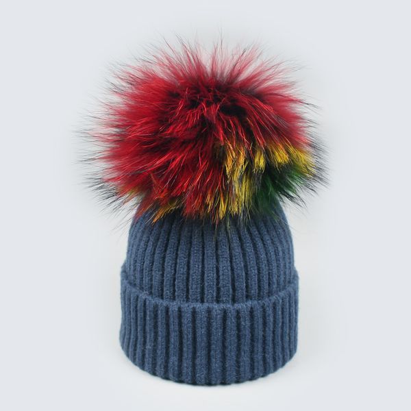 

beanie/skull caps real raccoon fur colorful pompom hat women winter beanies skullies bonnet female pom poms ski hats cute gorro warm, Blue;gray