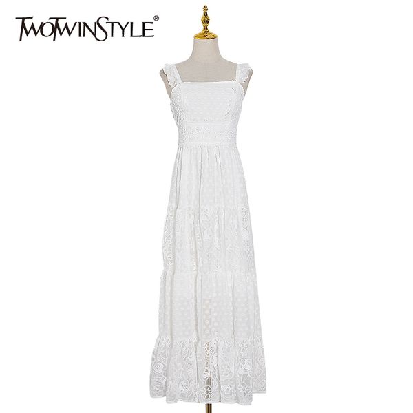 

twotwinstyle vintage lace dresses female square collar sleeveless spaghetti strap high waist applique summer dress women fashion c200919, Black;pink