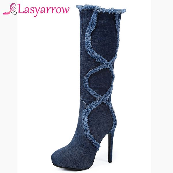 

lasyarrow fashion 2020 women's shoes autumn winter high-heeled zip denim knee high boots tassel stiletto jean shoes woman f340, Black