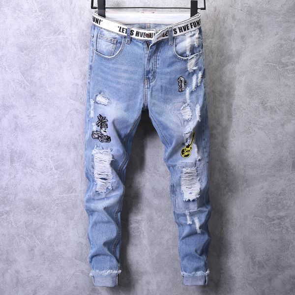 

new men's letter printed belt slim hip-hop skinny jeans light blue ripped embroidered printed badge jeans denim pants